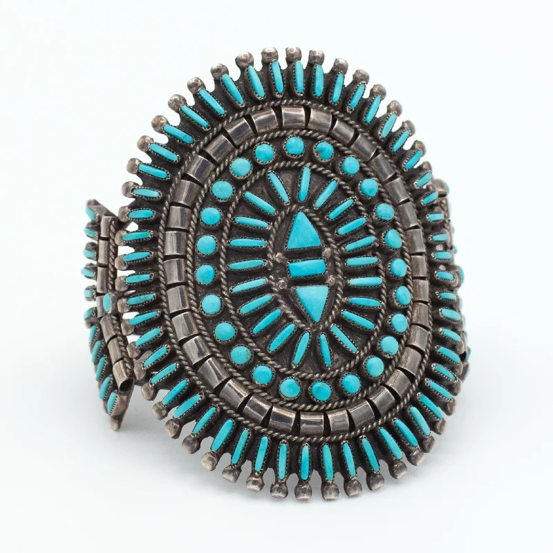 women's bracelets with round-cut diamonds -Vintage Handmade Sterling Silver Turquoise Needlepoint Cuff Bracelet (Hallmark Unknown)