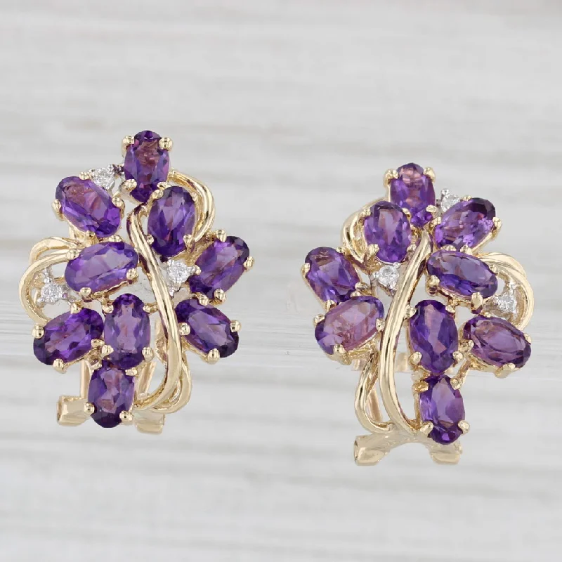 women's earrings with teardrop stones -3.65ctw Amethyst Diamond Cluster Earrings 14k Yellow Gold Omega Back Drops