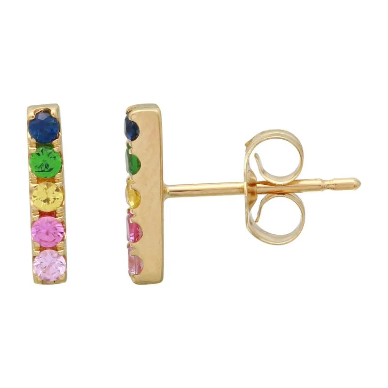 women's earrings with gemstone -14K Yellow Gold Rainbow Multi-Sapphire Bar Earrings