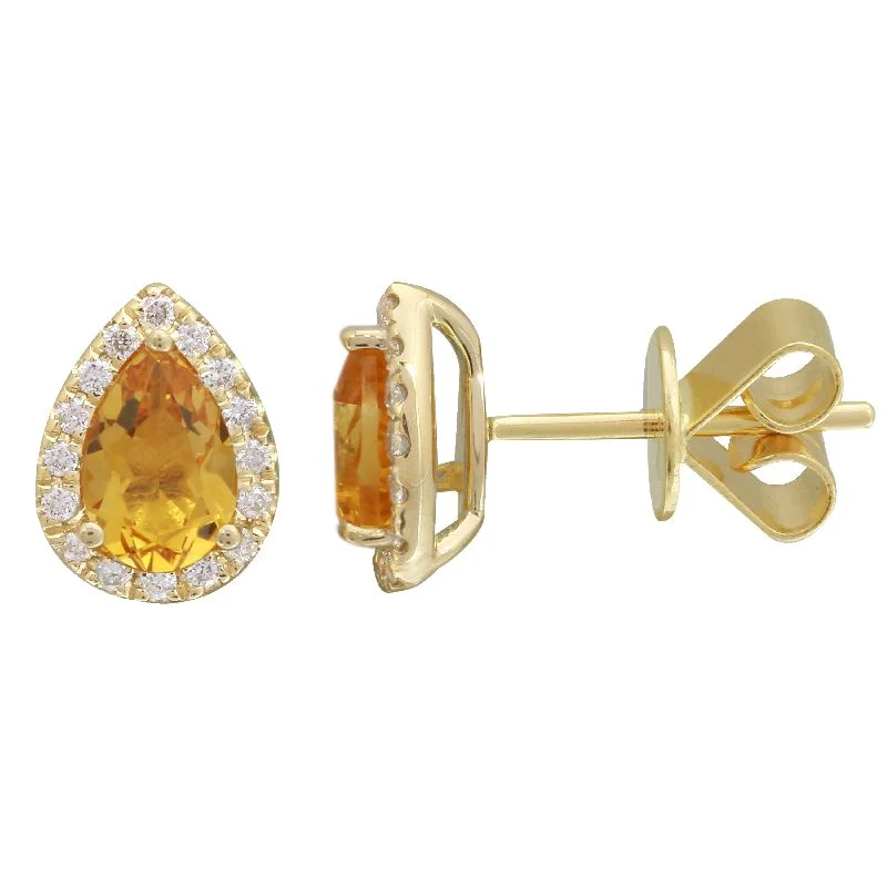 women's earrings with petite diamonds -14k Yellow Citrine  & Diamond Pear Gemstone Earrings