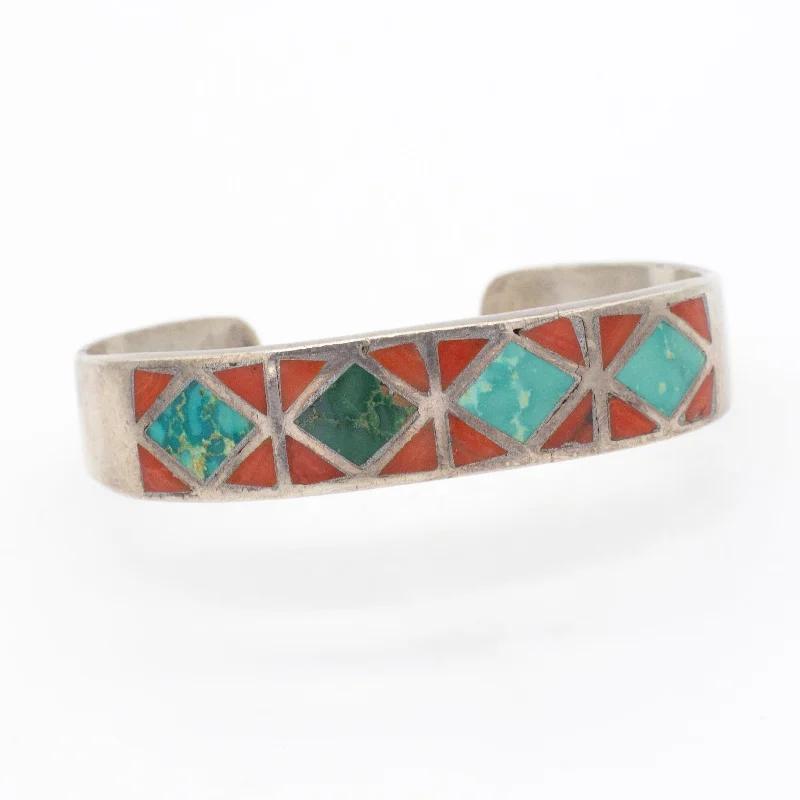 women's bracelets with amethyst -Navajo Handmade Sterling Silver Turquoise Coral Cuff Bracelet (Hallmark Unknown)