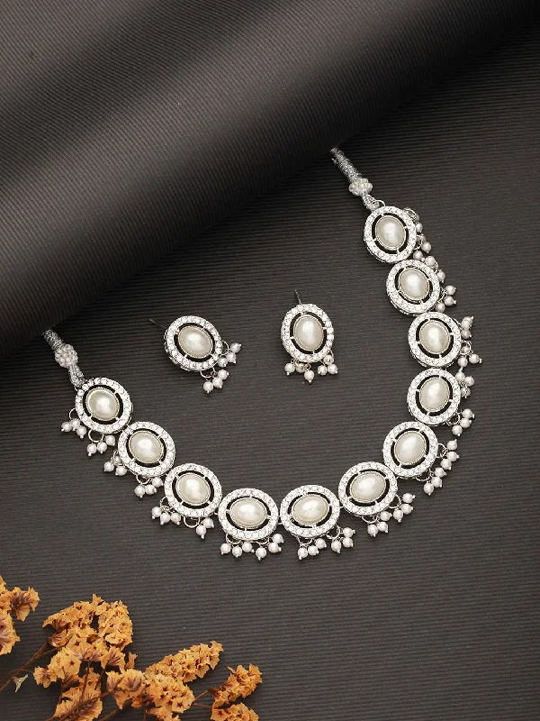 women's necklaces with dual-tone design -Silver-Plated Cz Stone-Studded & Pearl Beaded Jewellery Set