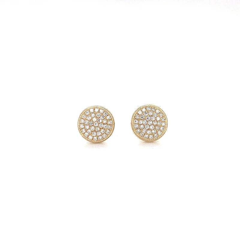 women's earrings with contemporary finish -14K Yellow Gold Diamond Large Domed Disc Stud Earrings