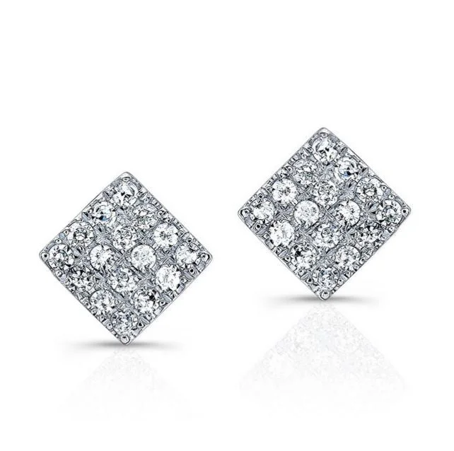 women's earrings with delicate engraving -14K White Gold Diamond Pave Mini Square Earrings