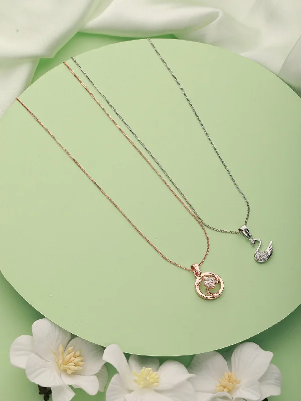 women's necklaces with dainty gold chain -Set Of 2 Rose Gold Plated & Silver Plated Cz-Studded Pendant Chain