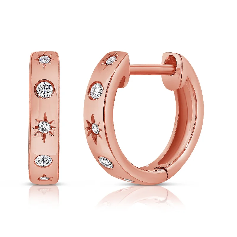 women's earrings with petite diamonds -14K Rose Gold Diamond Star Huggie Earrings