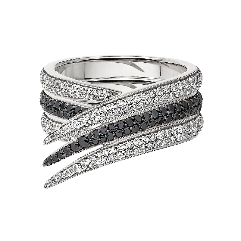 women's engagement rings with filigree design -Interlocking Stacked Ring - 18ct White Gold & Black and White Diamond