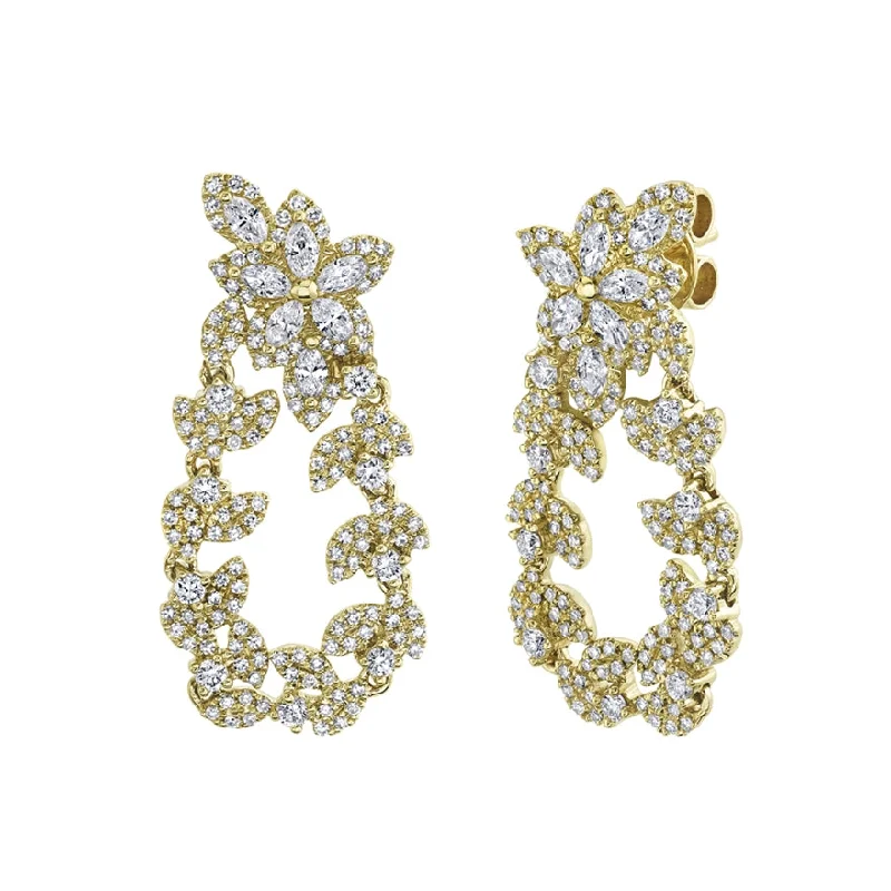 women's earrings with celestial motifs -14k Yellow Diamond Marquise Flower & Leaf Drop Earrings