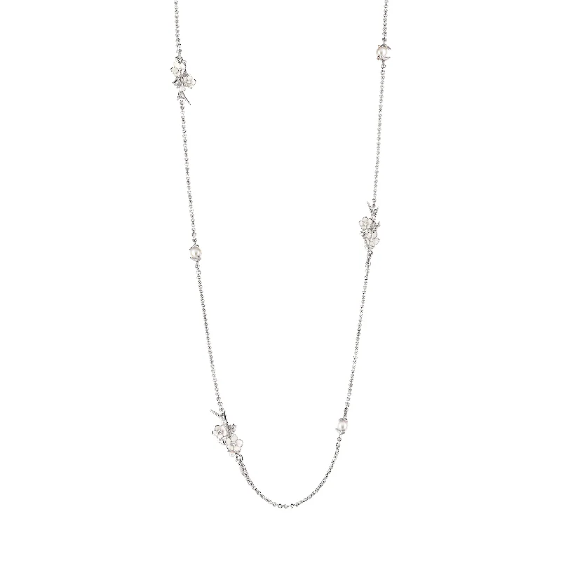 women's necklaces with layered design -Cherry Blossom Sautoir - Silver, Diamond & Pearl