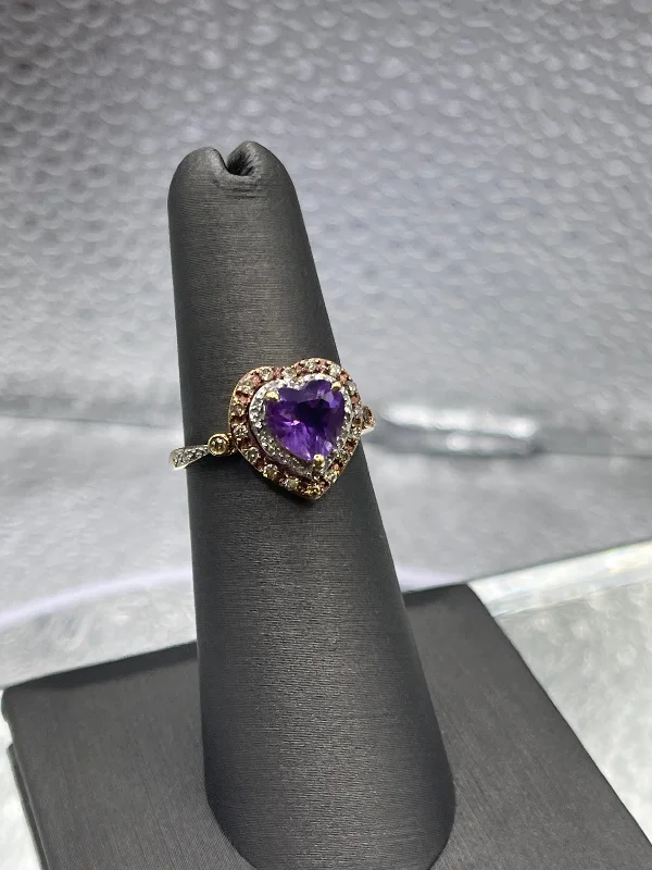 women's engagement rings with amethyst -Ladies 14 Karat Yellow Gold Heart Shaped Amethyst & Double Diamond Halo Ring