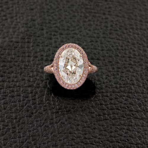 women's engagement rings with split band -Oval Diamond with Pink & White Diamond Halo