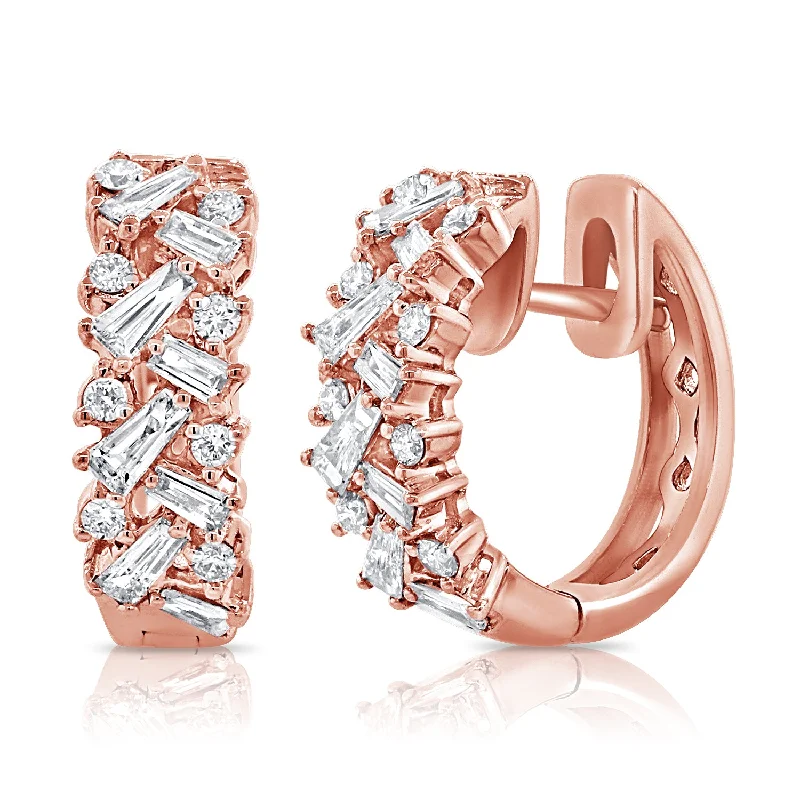 women's earrings with bold statement -14K Rose Gold Round + Baguettes Diamond Huggies