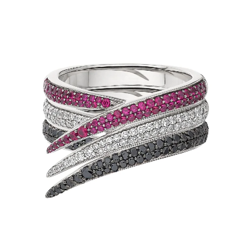 women's engagement rings with milgrain halo -Interlocking Stacked Ring - White & Black Diamond and Pink Sapphire