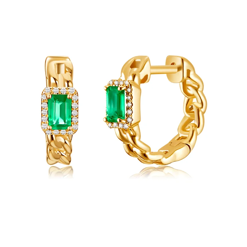 women's earrings with statement look -14K Yellow Gold Diamond + Emerald Link Huggie Earrings