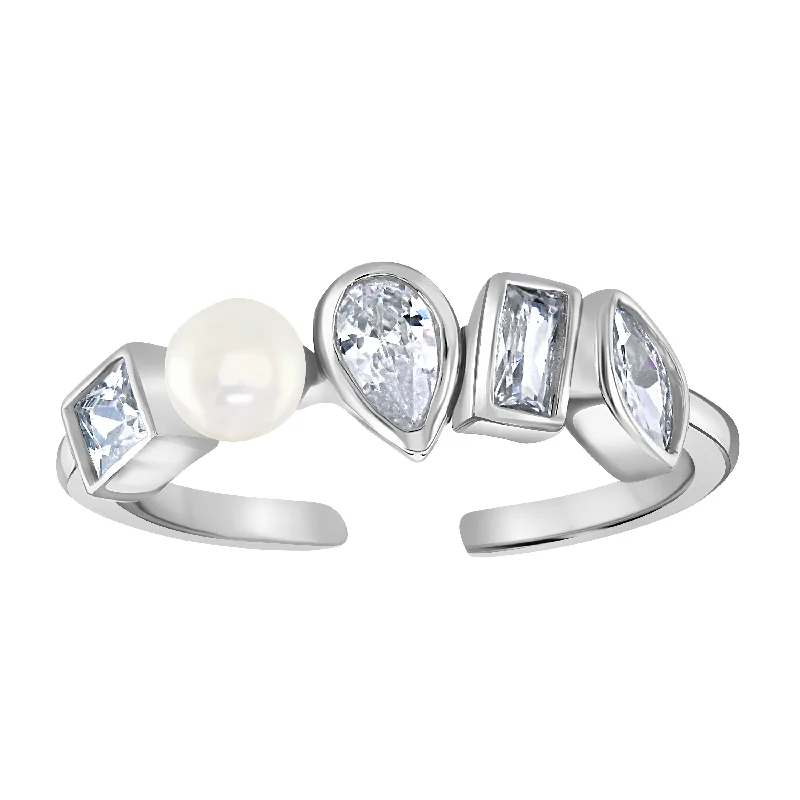 women's rings with intricate details -Sterling Silver Pearl Cubic Zirconia Multi Shape Ring