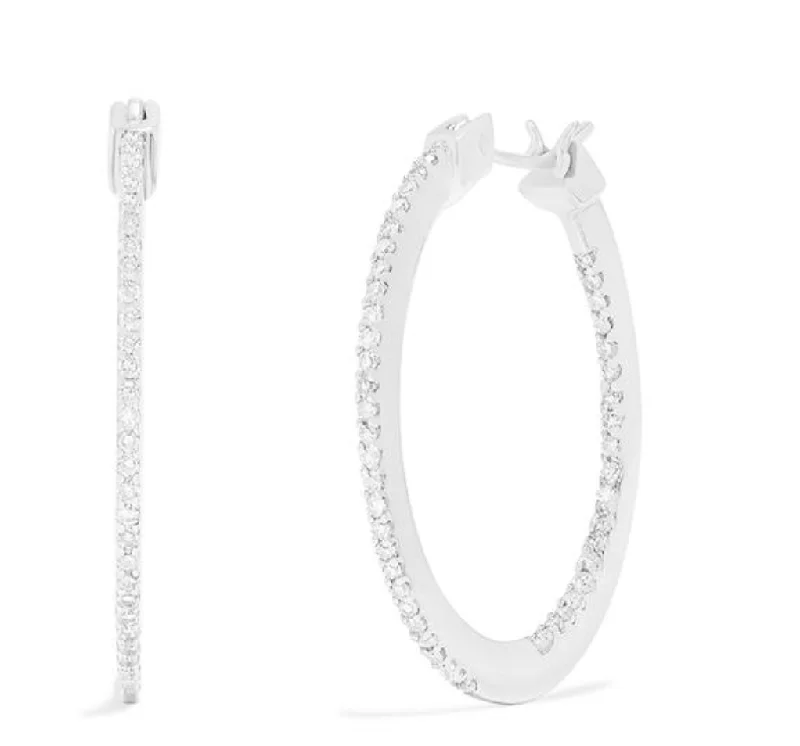 women's earrings with gemstone -14K White Gold Diamond Accented Hoop Earrings