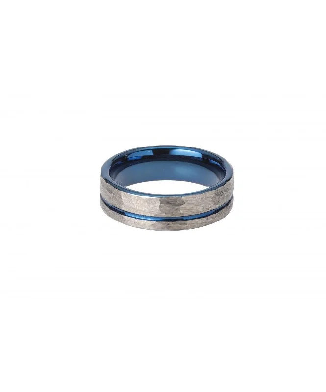 women's rings gold -Unique & Co 7mm Tungsten Carbide Hammered Blue IP Ring