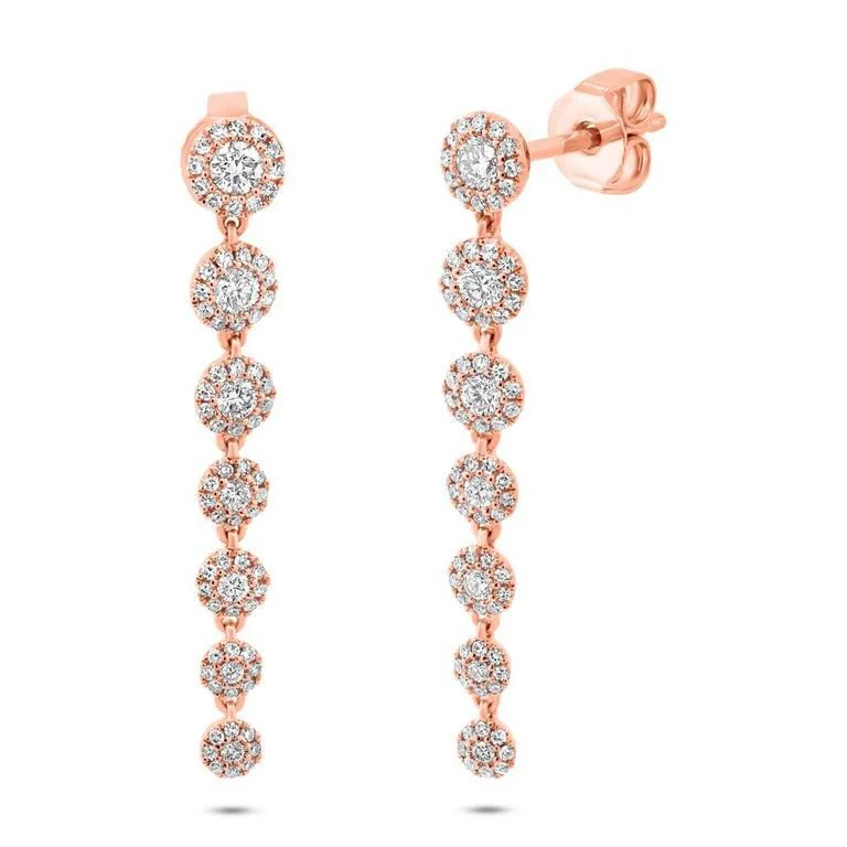 women's earrings with huggie design -14K Rose Gold Diamond Halo Dangle Earring