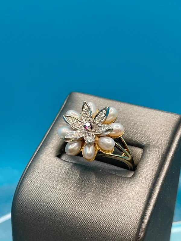 women's engagement rings with double diamond halo -Ladies Vintage 14 Karat Yellow Gold Diamond & Pearl Flower Blossom Ring