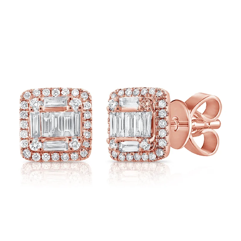 women's earrings with vintage design -14K Rose Gold Round+Baguette Diamond Medium Earrings