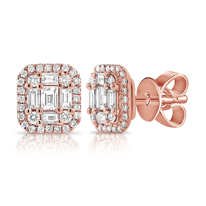 women's earrings with emerald centerpiece -14K Rose Gold Diamond Cluster Square Earrings