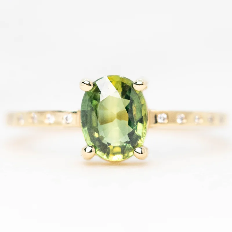 women's engagement rings with bold gemstone center -Heath Ring with a 1.20 Carat Green Oval Sapphire and White Accent Diamonds in 14k Yellow Gold - Ready to Size and Ship