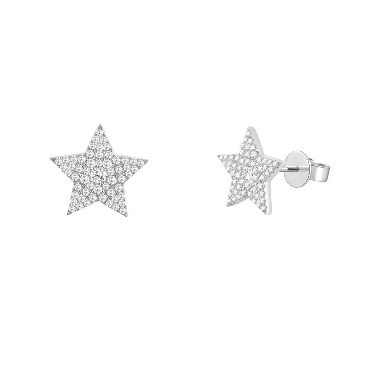 women's earrings with looped chains -14K White Gold Diamond Pave Star Stud Earring