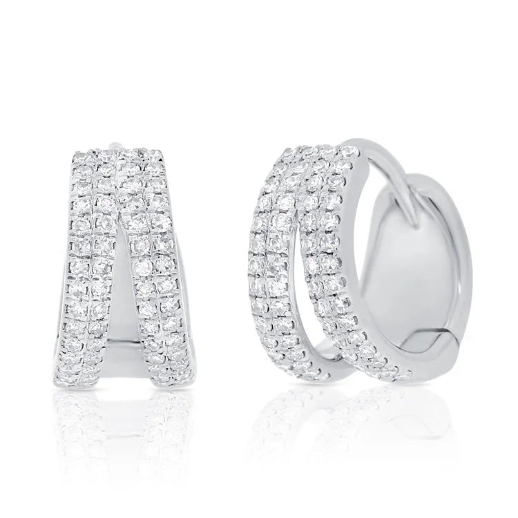 women's earrings with round diamonds -14K White Gold Diamond Double Row Split Huggie Earrings