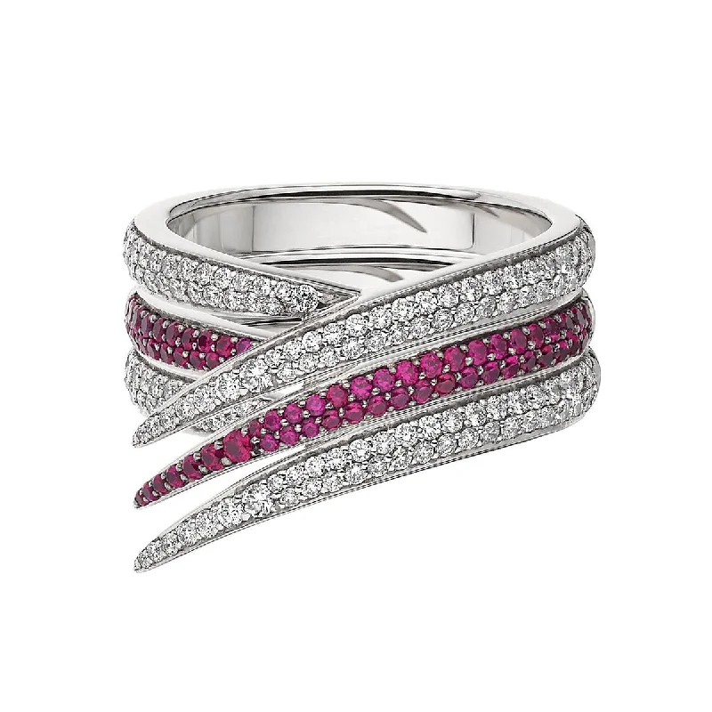 women's engagement rings with princess-cut stones -Interlocking Stacked Ring - 18ct White Gold & White Diamond and Pink Sapphire