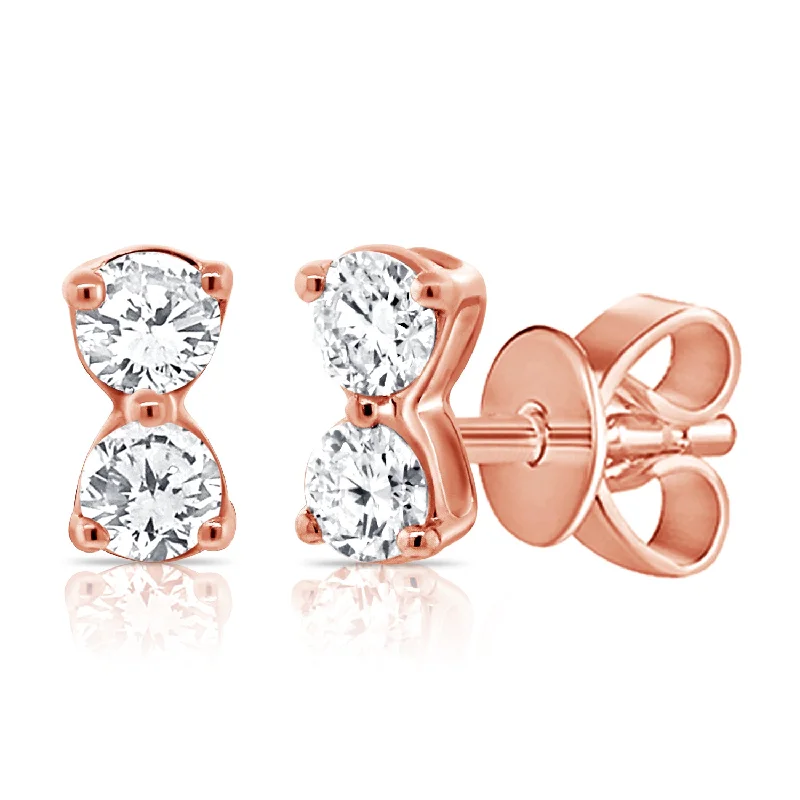 women's earrings with intertwined bands -14K Rose Gold Double Diamond Stud Earrings