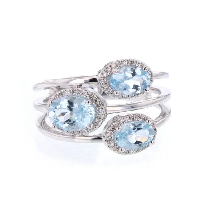 women's engagement rings with matching wedding band -Aquamarine & Diamond 3-Row Ring