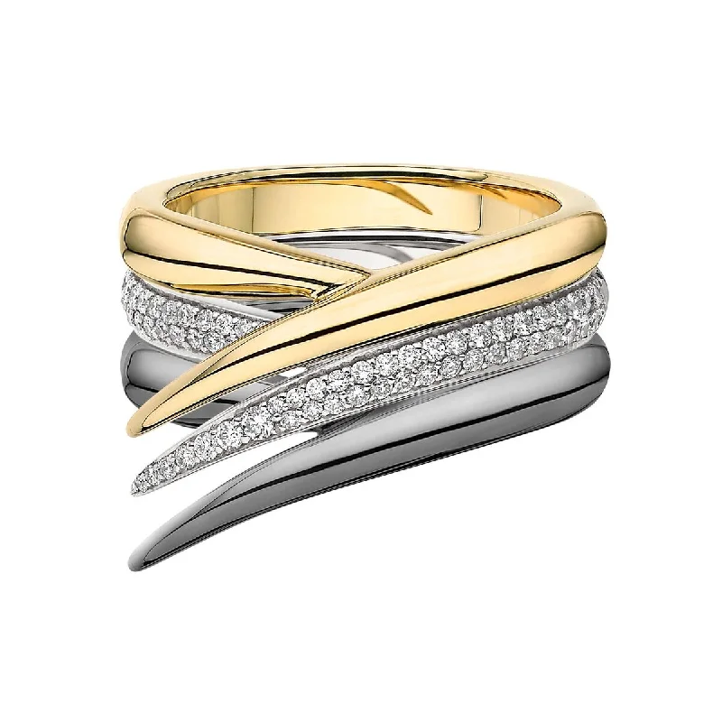 women's engagement rings with bright white diamond -Interlocking Stacked Ring - 18ct Yellow Gold & Black Rhodium & Diamond