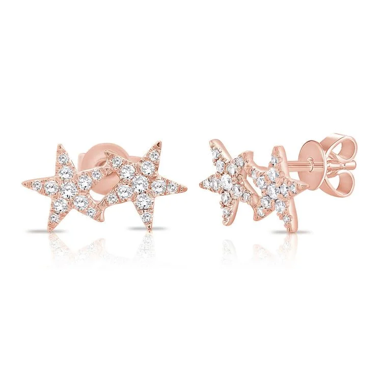 women's earrings with floating diamonds -14K Rose Diamond Double Star Earrings