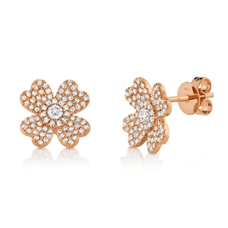 women's earrings with twisted design -14K Rose Gold Diamond Clover Stud Earrings