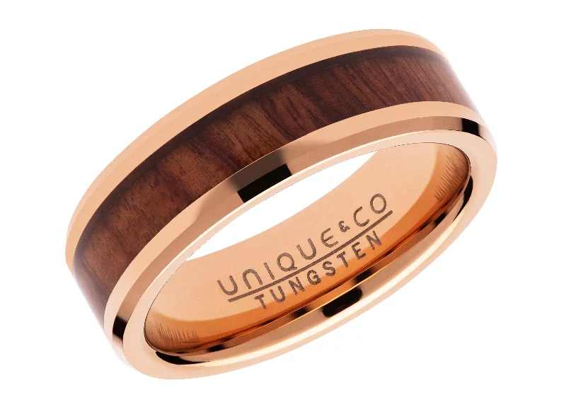 women's rings with elegant design -Unique & Co 7mm Tungsten Carbide Ring with Wood Inlay and IP Rose Plating