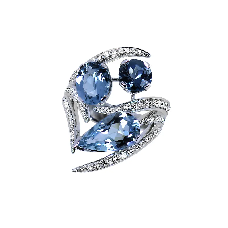 women's engagement rings with twisted metal design -Interlocking Aurora Ring - 18ct White Gold Aquamarine & Diamond