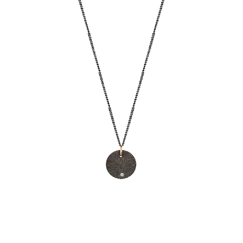 women's necklaces with oval pendant -Sterling Silver Black Rhodium 20mm ANNA Textured Disc Pendant with One Diamond