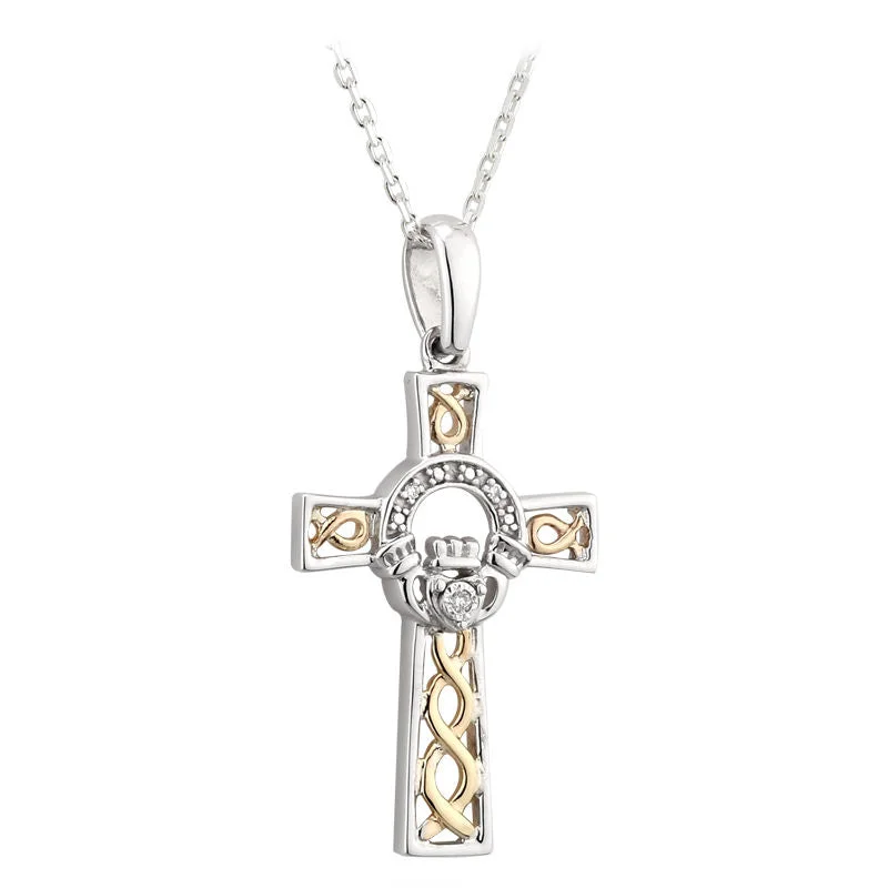 women's necklaces with round gemstone -10k Gold Sterling Silver Diamond Celtic Cross