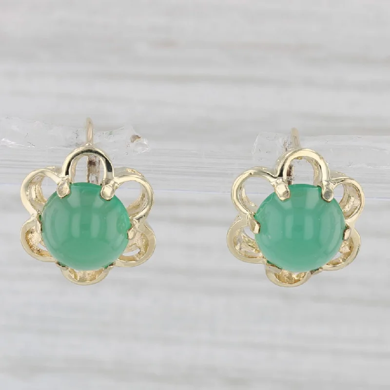 women's earrings with pearl -Vintage Green Chalcedony Flower Stud Drop Earrings 14k Yellow Gold Lever Backs