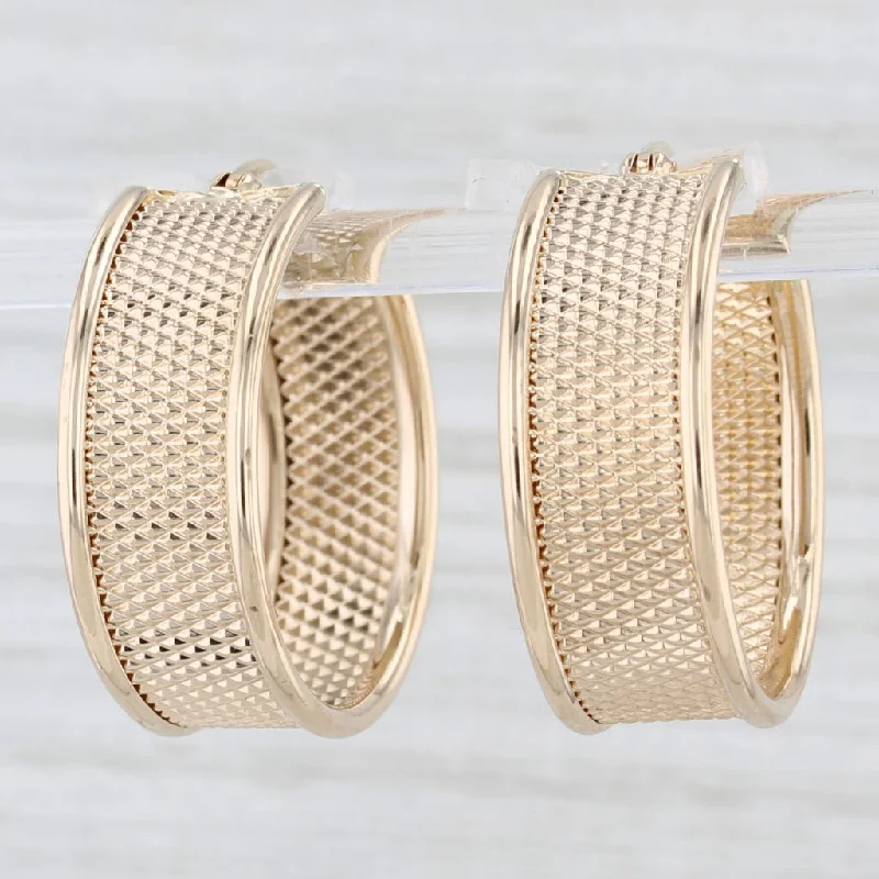 women's earrings with engraved details -Wide Textured 14k Yellow Gold Hoop Earrings