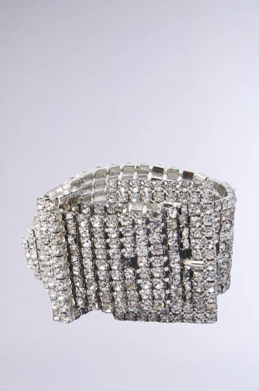 women's bracelets with statement look -BUCKLE UP RHINESTONE BRACELET IN SILVER