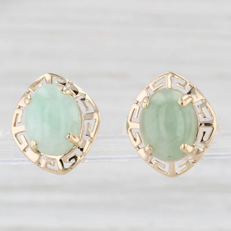 women's earrings with pearl -Green Jadeite Jade Greek Key Pattern Stud Earrings 14k Yellow Gold