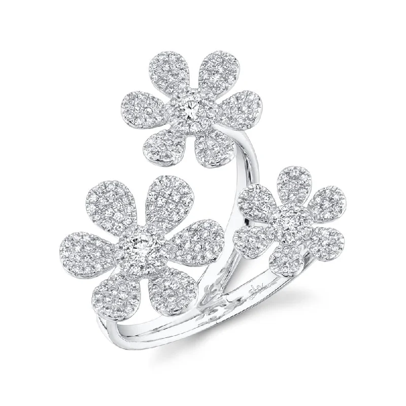 women's engagement rings with diagonal diamond accents -14K White Gold Dual Round Diamond Flower Ring