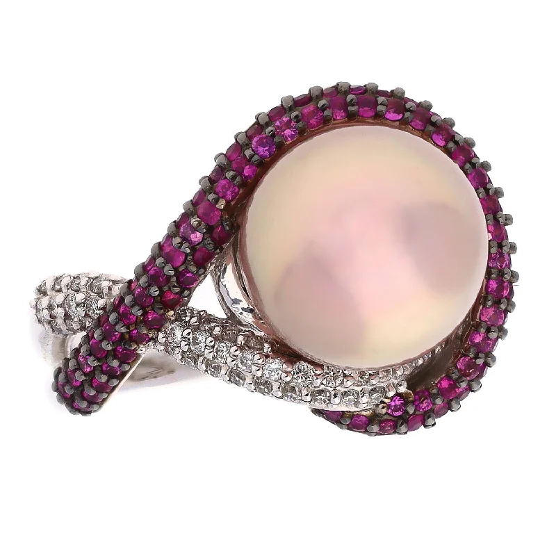 women's engagement rings with subtle detailing -14K White Gold South Sea Cultured Pearl with Pink Sapphires and Diamonds Fashion Ring