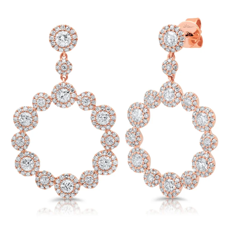 women's earrings with white gold finish -14K Rose Gold Diamond Halo Circle Dangle Earrings