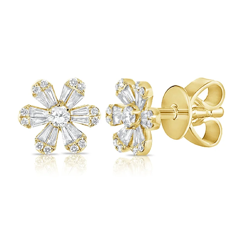 women's earrings with chandelier design -14K Yellow Gold Diamond Flower Stud Earrings