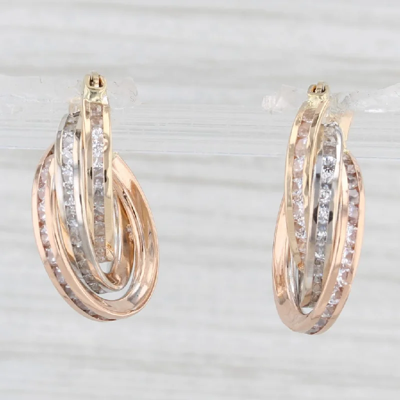 women's earrings with looped chains -Simulated Diamond Tri-Toned Hoop Earrings 18k Yellow White Rose Gold Round Hoops