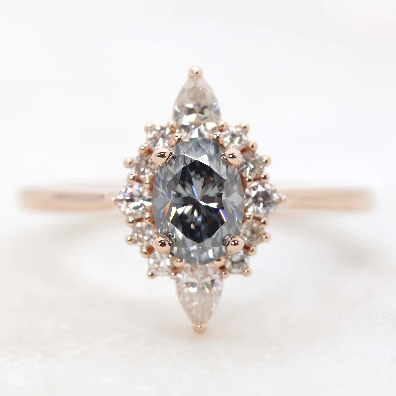 women's rings with platinum band -Noelle Ring with a 0.80 Carat Gray Oval Moissanite and Moissanite Accents - Made to Order, Choose Your Gold Tone