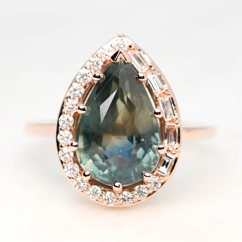 women's engagement rings with baguette-cut side stones -Collins Ring with a 6.21 Carat Teal Pear Sapphire and White Accent Diamonds in 14k Rose Gold - Ready to Size and Ship