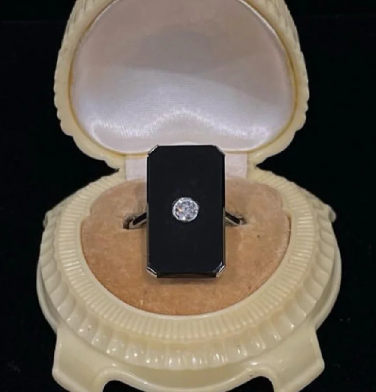 women's engagement rings with cubic zirconia -Art Deco Diamond & Onyx Ring - Rare Mint Condition